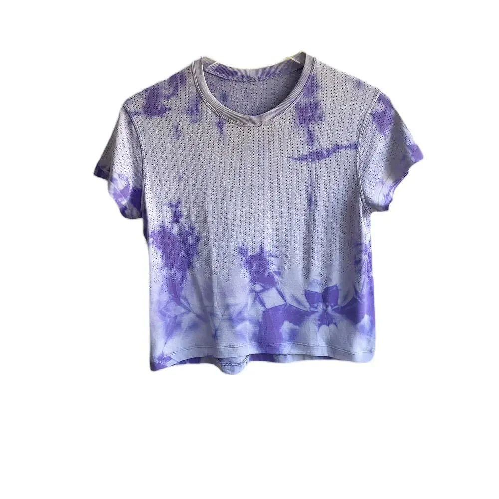 Lululemon Train to Be Short Sleeve Shirt Size 8 Purple Tie Dye Indigo Mesh Tee